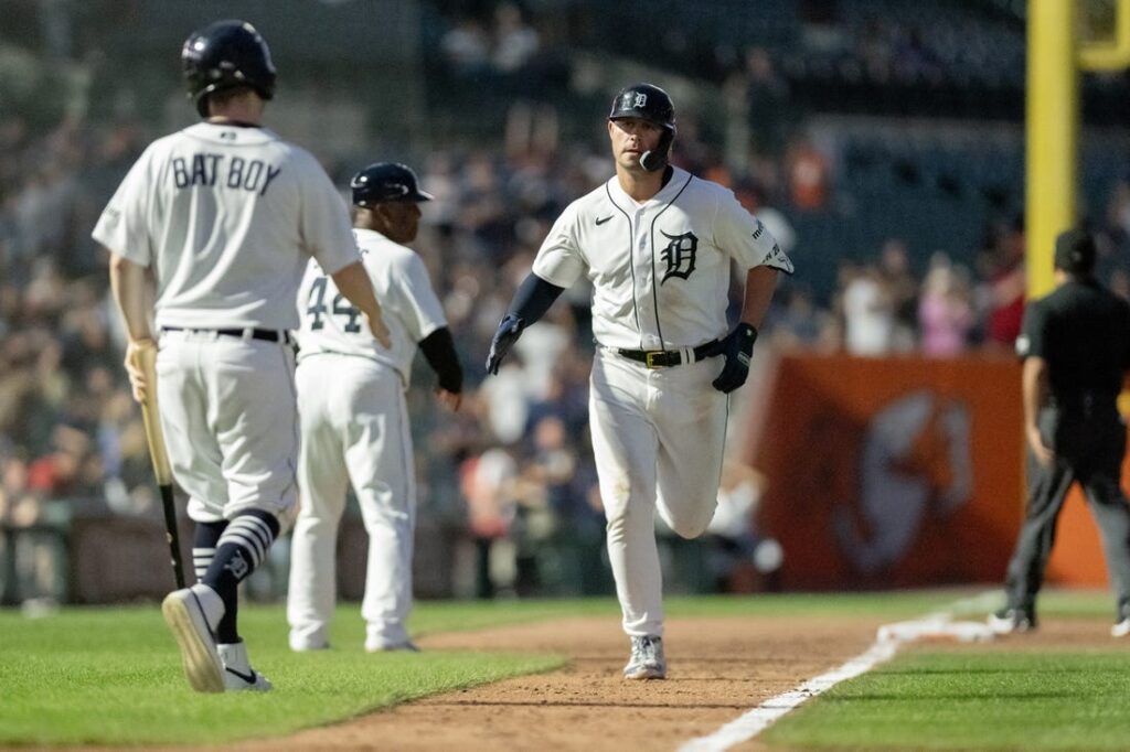 Detroit Tigers' Spencer Torkelson walks to his position at first