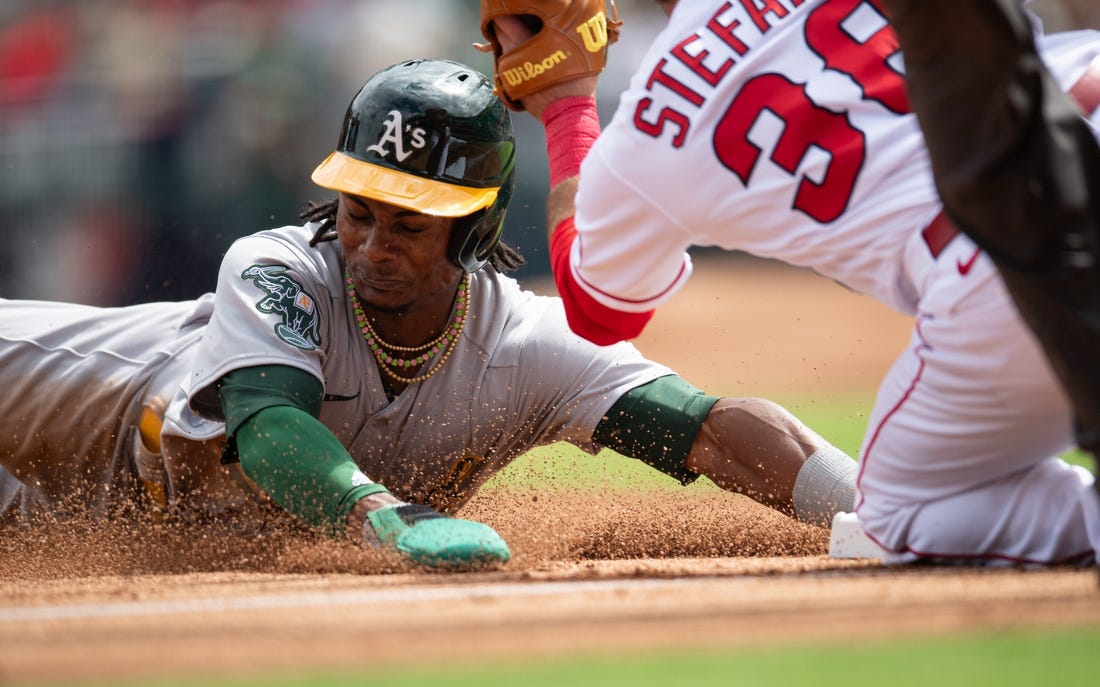 Esteury Ruiz of the Oakland Athletics fields during the game