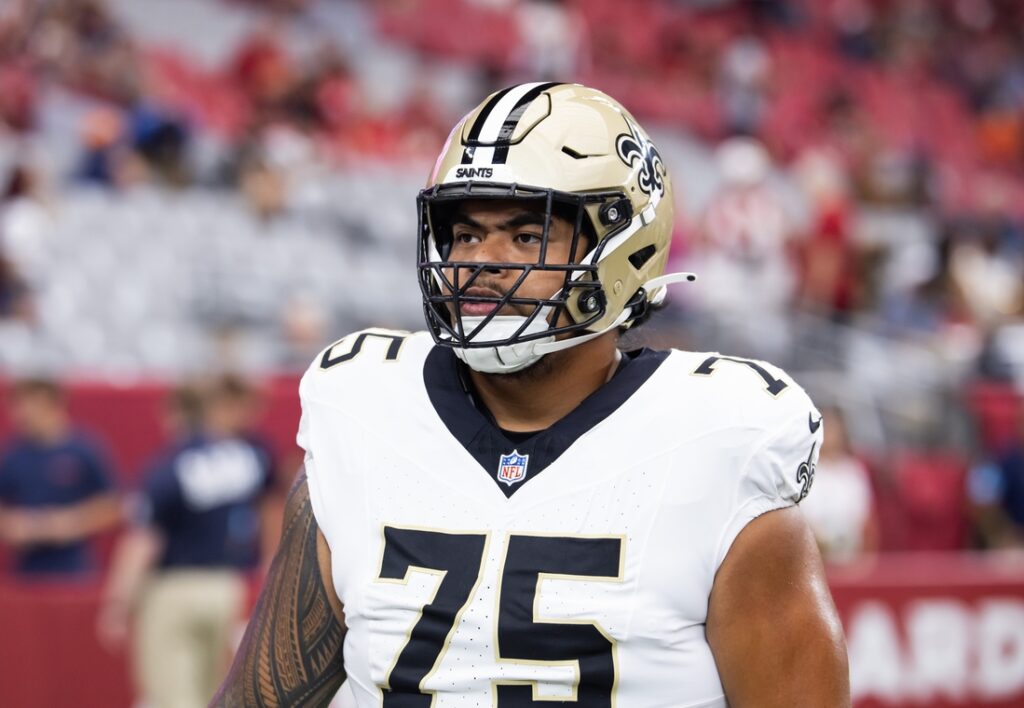Saints OT Taliese Fuaga (back) misses practice - Field Level Media - Professional sports content solutions | FLM