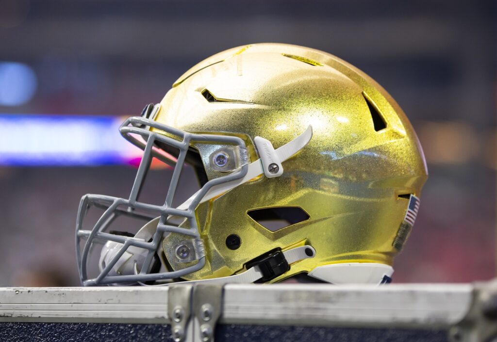 notre dame, helmet, view