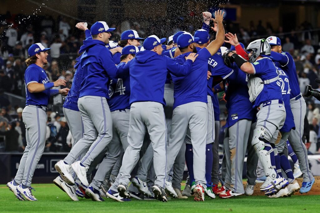 Toronto Blue Jays celebrate winning Game 4 of their 2025 NLDS series against the New York Yankees.