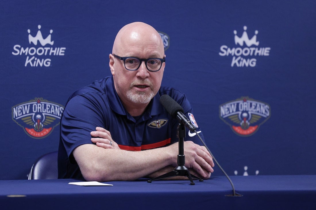 Sep 26, 2022; New Orleans, LA, USA; New Orleans Pelicans vice president of basketball operations David Griffin during a press conference at the New Orleans Pelicans Media Day from the Smoothie King Center. Mandatory Credit: Stephen Lew-Imagn Images