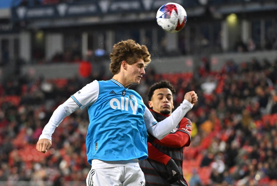 Apr 1, 2023; Toronto, Ontario, CAN; Charlotte FC midfielder Ben Bender (15) heads the ball over Toronto FC midfielder Brandon Servania (23) in the first half at BMO Field. Mandatory Credit: Dan Hamilton-Imagn Images