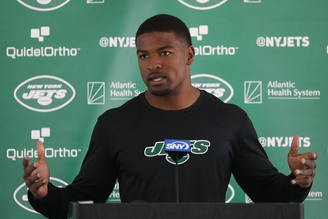 Cornerback DJ Reed being interviewed as players arrived today to participate in the NY Jets 2023 Training Camp at their practice facility in Florham Park, NJ.