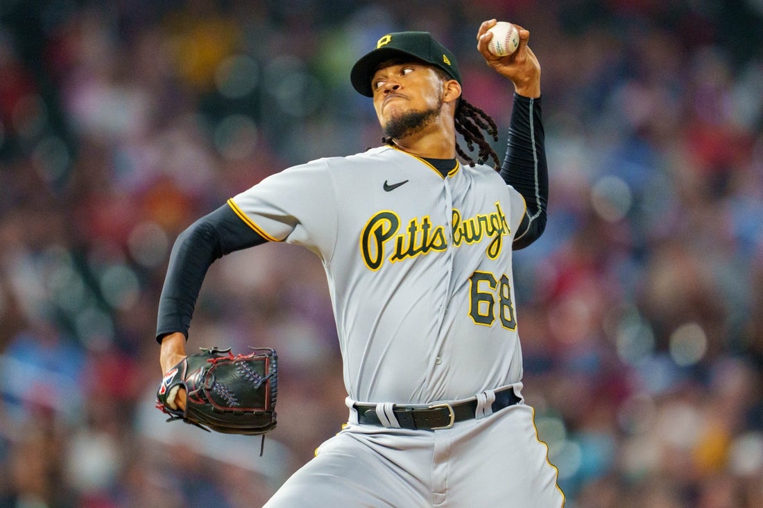 Aug 18, 2023; Minneapolis, Minnesota, USA; Pittsburgh Pirates relief pitcher Angel Perdomo (68) pitches to the Minnesota Twins in the bottom of the seventh inning at Target Field. Mandatory Credit: Matt Blewett-Imagn Images