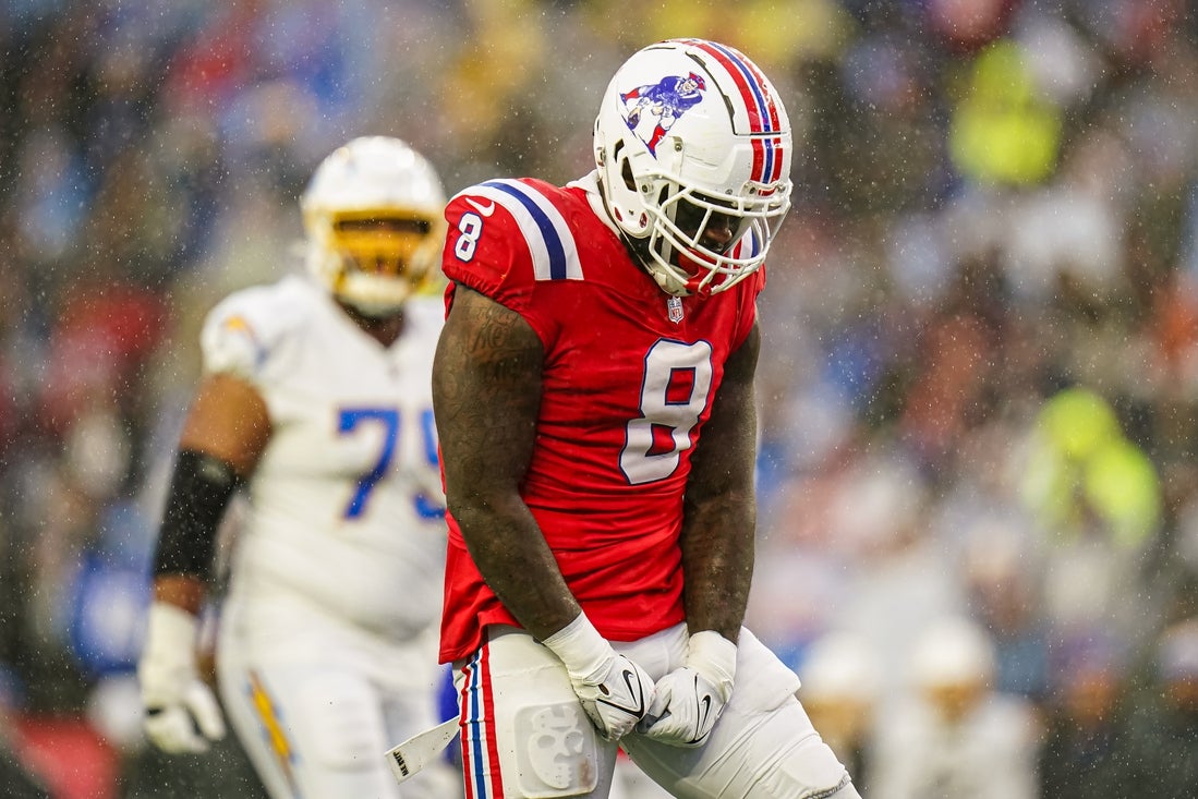 Dec 3, 2023; Foxborough, Massachusetts, USA; New England Patriots linebacker Ja'Whaun Bentley (8) reacts after his tackle against the Los Angeles Chargers in the second half at Gillette Stadium. Mandatory Credit: David Butler II-Imagn Images