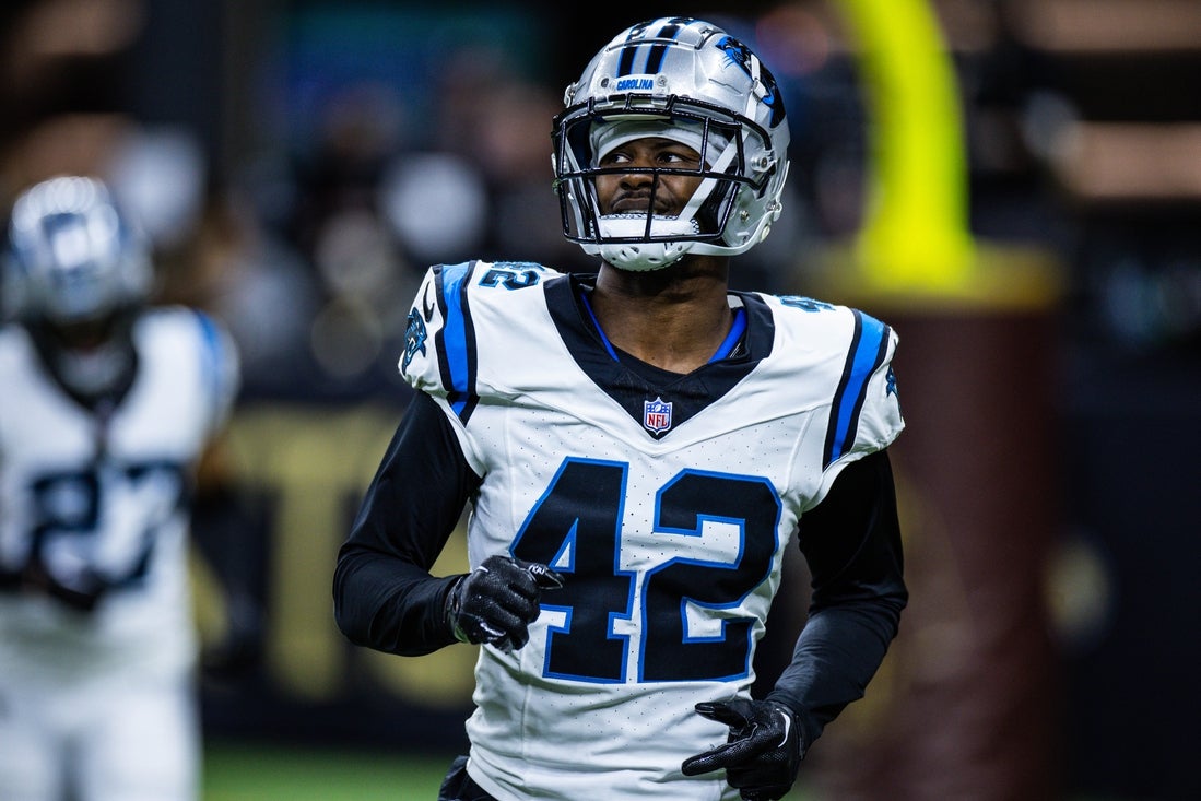 Dec 10, 2023; New Orleans, Louisiana, USA; Carolina Panthers safety Sam Franklin Jr. (42) looks on against the New Orleans Saints during the second half at the Caesars Superdome. Mandatory Credit: Stephen Lew-Imagn Images