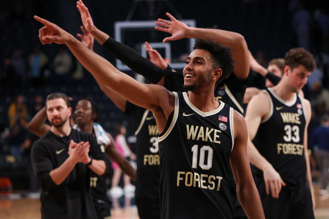 Feb 6, 2024; Atlanta, Georgia, USA; Wake Forest Demon Deacons guard Abramo Canka (10) reacts after a victory against the Georgia Tech Yellow Jackets at McCamish Pavilion. Mandatory Credit: Brett Davis-Imagn Images