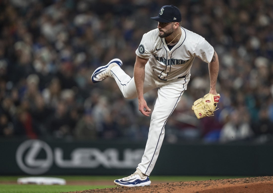 Mar 28, 2024; Seattle, Washington, USA; Seattle Mariners reliever Cody Bolton (67) delivers a pitch during the seventh inning against the Boston Red Sox at T-Mobile Park. Mandatory Credit: Stephen Brashear-Imagn Images