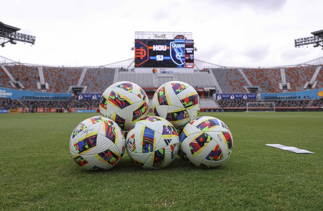 Mar 30, 2024; Houston, Texas, USA; General view of soccer balls on the field before the match between Houston Dynamo FC and the San Jose Earthquakes at Shell Energy Stadium. Mandatory Credit: Troy Taormina-Imagn Images