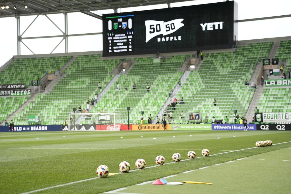 Apr 6, 2024; Austin, Texas, USA; General view of game balls on the field before the game between the San Jose Earthquakes and Austin FC at Q2 Stadium. Mandatory Credit: Scott Wachter-Imagn Images
