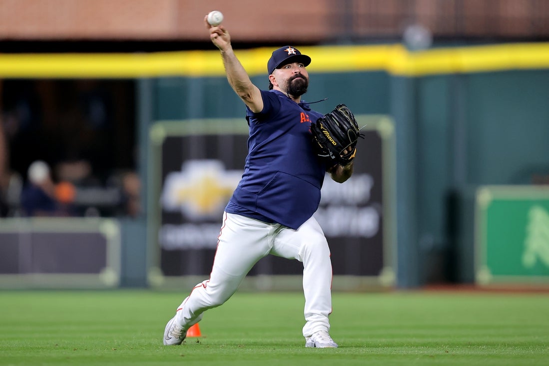 May 5, 2024; Houston, Texas, USA; Houston Astros starting pitcher Jose Urquidy (65) works out prior to the game against the Seattle Mariners at Minute Maid Park. Mandatory Credit: Erik Williams-Imagn Images