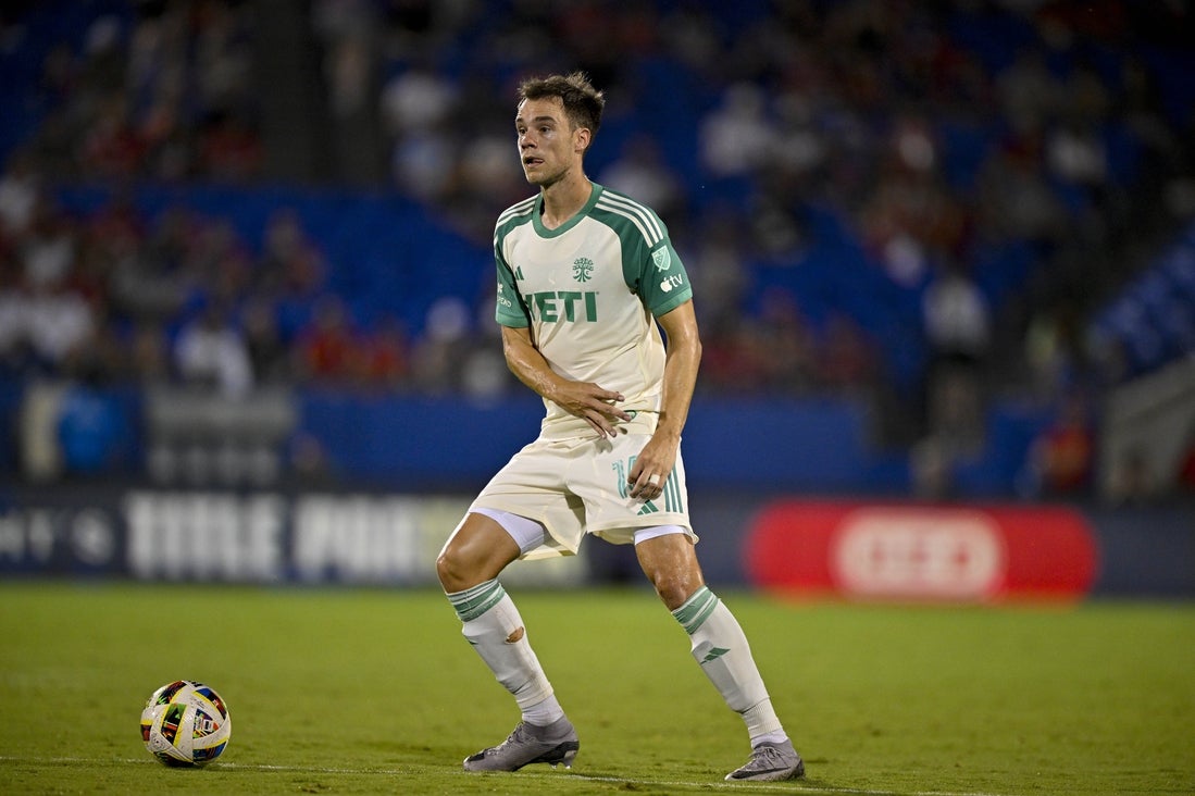 Jul 17, 2024; Frisco, Texas, USA; Austin FC defender Leo Vaisanen (15) in action during the game between FC Dallas and Austin FC at Toyota Stadium. Mandatory Credit: Jerome Miron-Imagn Images