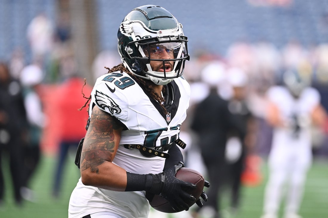 Aug 15, 2024; Foxborough, MA, USA; Philadelphia Eagles cornerback Avonte Maddox (29) warms up before a game against the New England Patriots at Gillette Stadium. Mandatory Credit: Eric Canha-Imagn Images