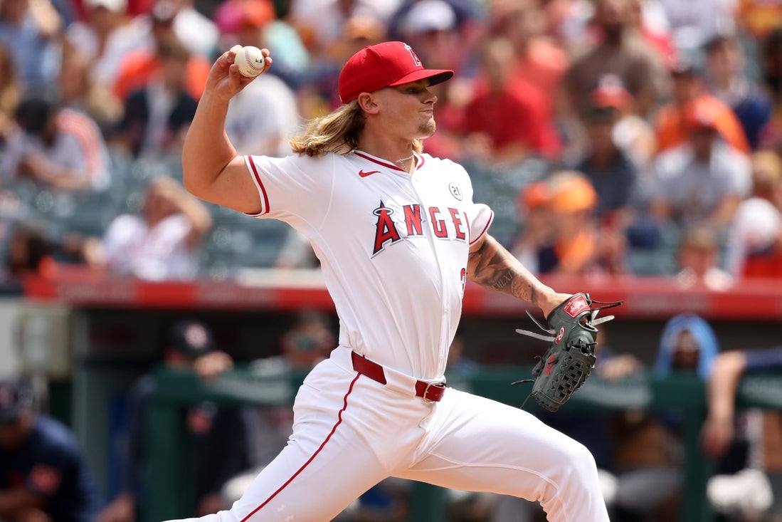 Sep 15, 2024; Anaheim, California, USA; Los Angeles Angels starting pitcher Caden Dana (36) pitches during the first inning against the Houston Astros at Angel Stadium. Mandatory Credit: Kiyoshi Mio-Imagn Images