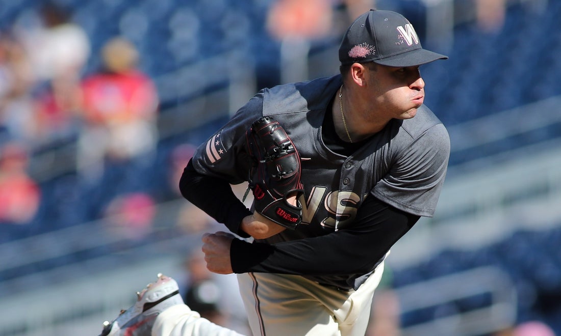 Sep 14, 2024; Washington, District of Columbia, USA; Washington Nationals pitcher Patrick Corbin (46) delivers a throw during the first inning against the Miami Marlins, at Nationals Park. Mandatory Credit: Daniel Kucin Jr.-Imagn Images