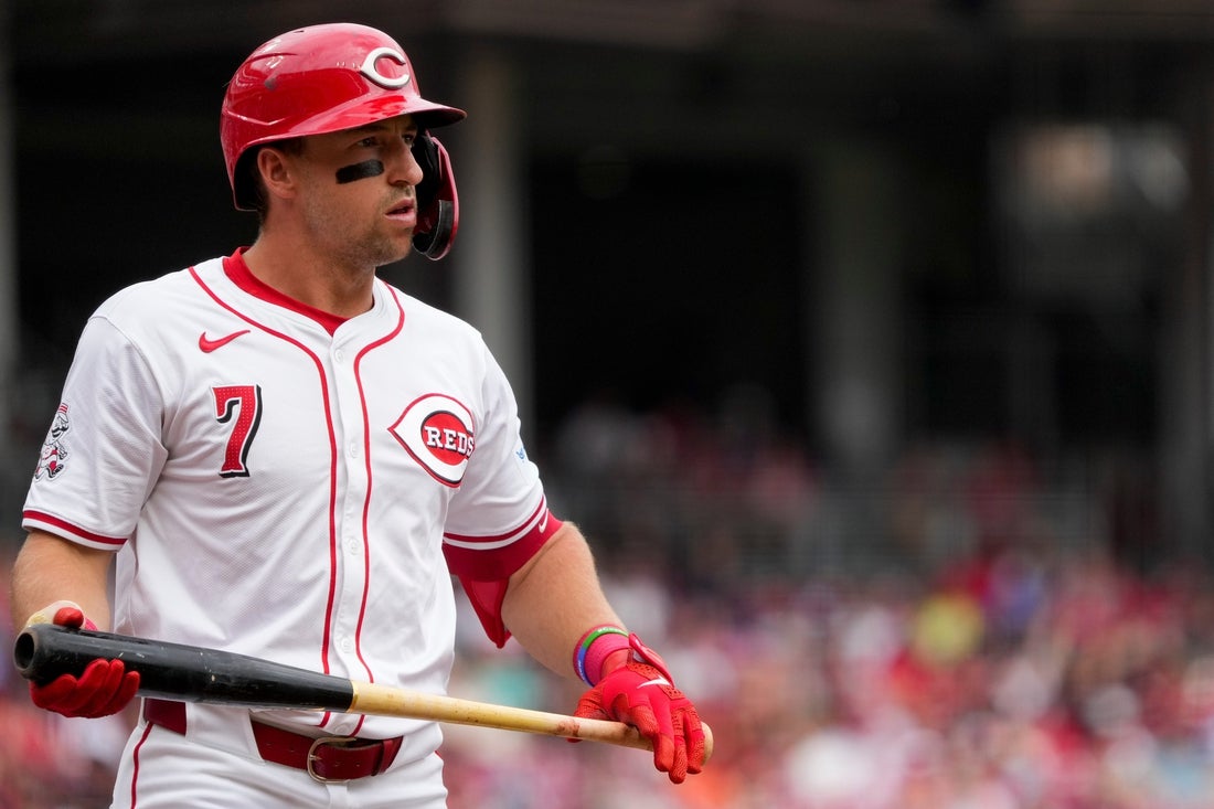 Cincinnati Reds designated hitter Spencer Steer (7) returns to the dugout after striking out in the first inning of the MLB National League Game between the Cincinnati Reds and the Pittsburgh Pirates at Great American Ball Park in downtown Cincinnati on Sunday, Sept. 22, 2024. The Pirates led 1-0 after four innings.