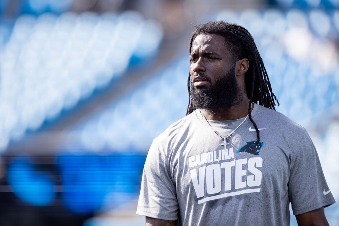 Nov 3, 2024; Charlotte, North Carolina, USA; Carolina Panthers tight end Ian Thomas (80) during pre game warm ups against the New Orleans Saints at Bank of America Stadium. Mandatory Credit: Scott Kinser-Imagn Images