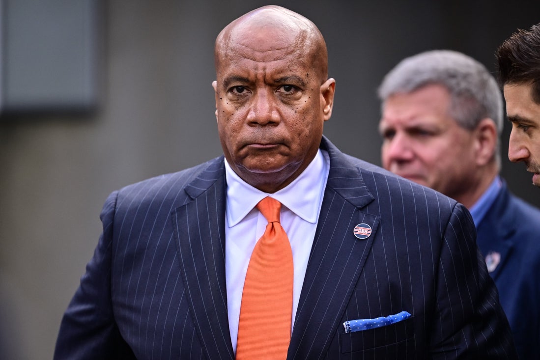 Nov 17, 2024; Chicago, Illinois, USA; Chicago Bears president Kevin Warren looks on against the Green Bay Packers during the second quarter at Soldier Field. Mandatory Credit: Daniel Bartel-Imagn Images