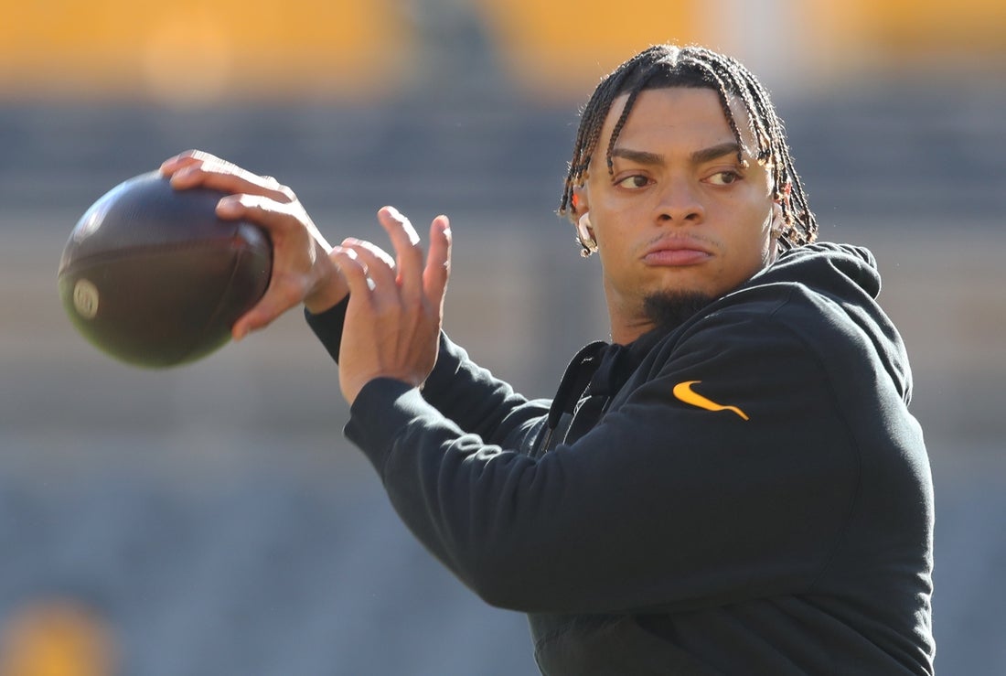 Dec 8, 2024; Pittsburgh, Pennsylvania, USA; Pittsburgh Steelers quarterback Justin Fields (2) warms up before the game against the Cleveland Browns at Acrisure Stadium. Mandatory Credit: Charles LeClaire-Imagn Images