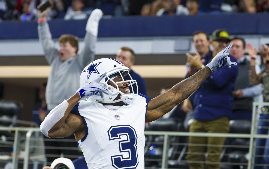 Dec 9, 2024; Arlington, Texas, USA; Dallas Cowboys wide receiver Brandin Cooks (3) reacts after scoring a touchdown during the second half against the Cincinnati Bengals at AT&T Stadium. Mandatory Credit: Kevin Jairaj-Imagn Images