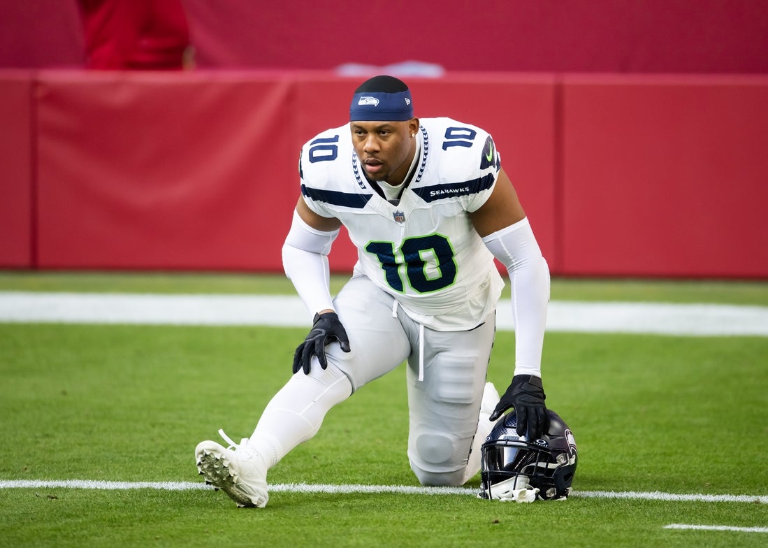 Dec 8, 2024; Glendale, Arizona, USA; Seattle Seahawks linebacker Uchenna Nwosu (10) against the Arizona Cardinals at State Farm Stadium. Mandatory Credit: Mark J. Rebilas-Imagn Images
