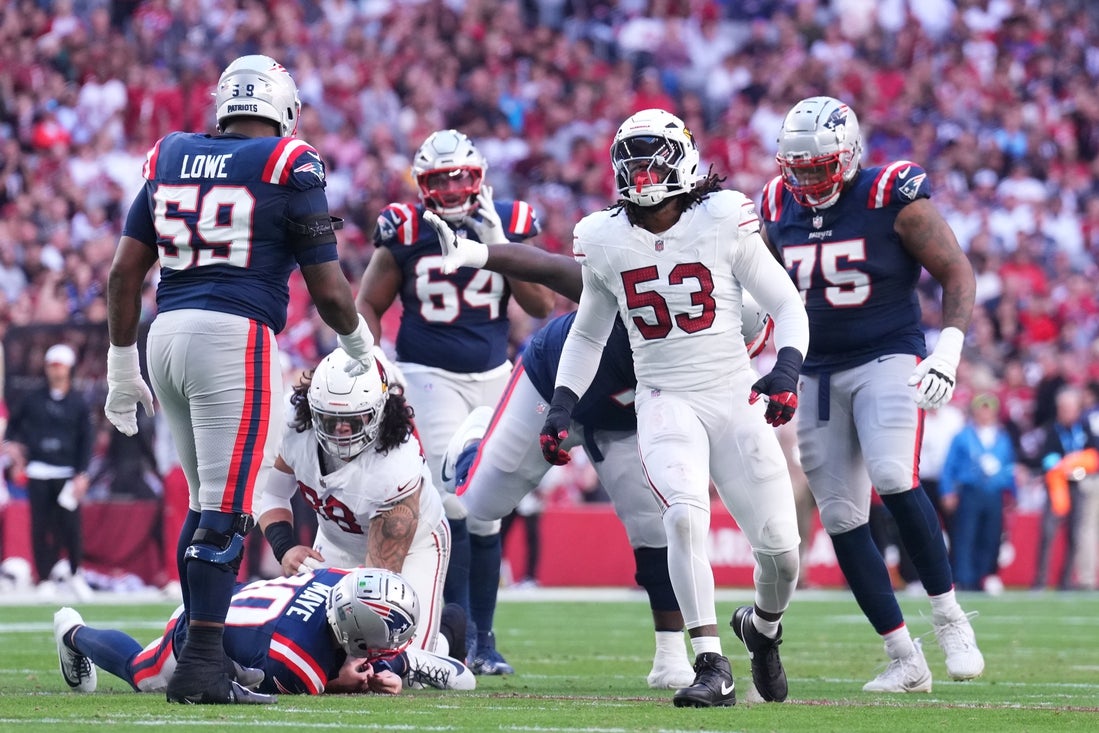 Dec 15, 2024; Glendale, Arizona, USA; Arizona Cardinals linebacker Baron Browning (53) celebrates a sack against New England Patriots quarterback Drake Maye (10) during the first half at State Farm Stadium. Mandatory Credit: Joe Camporeale-Imagn Images