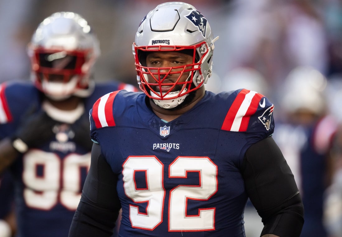 Dec 15, 2024; Glendale, Arizona, USA; New England Patriots defensive tackle Davon Godchaux (92) against the Arizona Cardinals at State Farm Stadium. Mandatory Credit: Mark J. Rebilas-Imagn Images