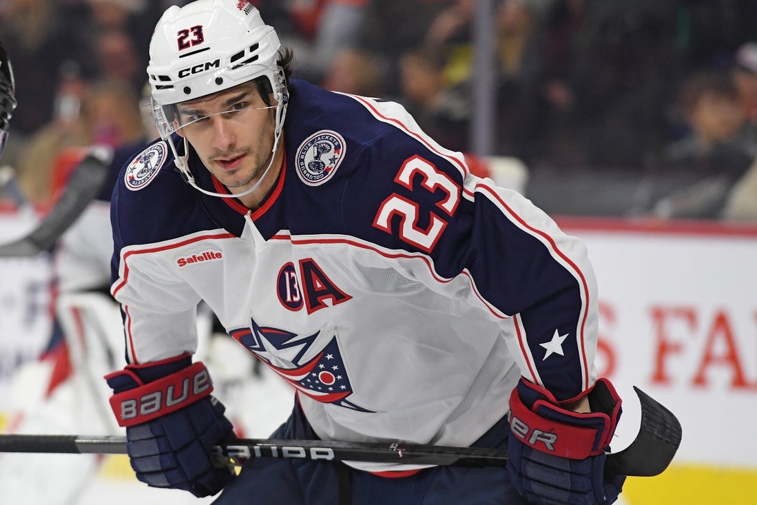 Dec 21, 2024; Philadelphia, Pennsylvania, USA; Columbus Blue Jackets center Sean Monahan (23) against the Philadelphia Flyers at Wells Fargo Center. Mandatory Credit: Eric Hartline-Imagn Images