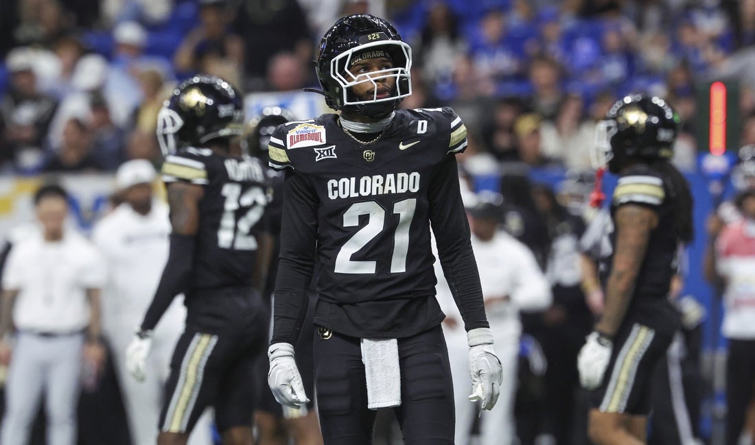 Dec 28, 2024; San Antonio, TX, USA; Colorado Buffaloes safety Shilo Sanders (21) looks up during the fourth quarter against the Brigham Young Cougars at Alamodome. Mandatory Credit: Troy Taormina-Imagn Images