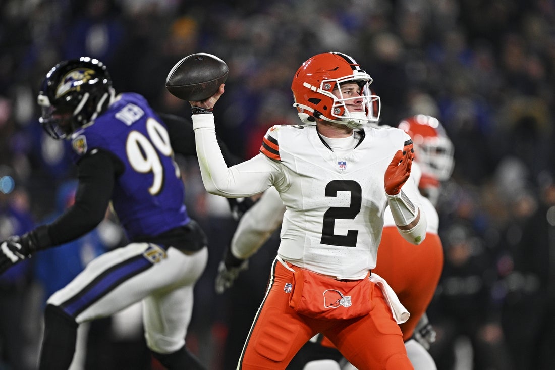 Jan 4, 2025; Baltimore, Maryland, USA; Cleveland Browns quarterback Bailey Zappe (2) makes a pass during the third quarter against the Baltimore Ravens at M&T Bank Stadium. Mandatory Credit: Tommy Gilligan-Imagn Images