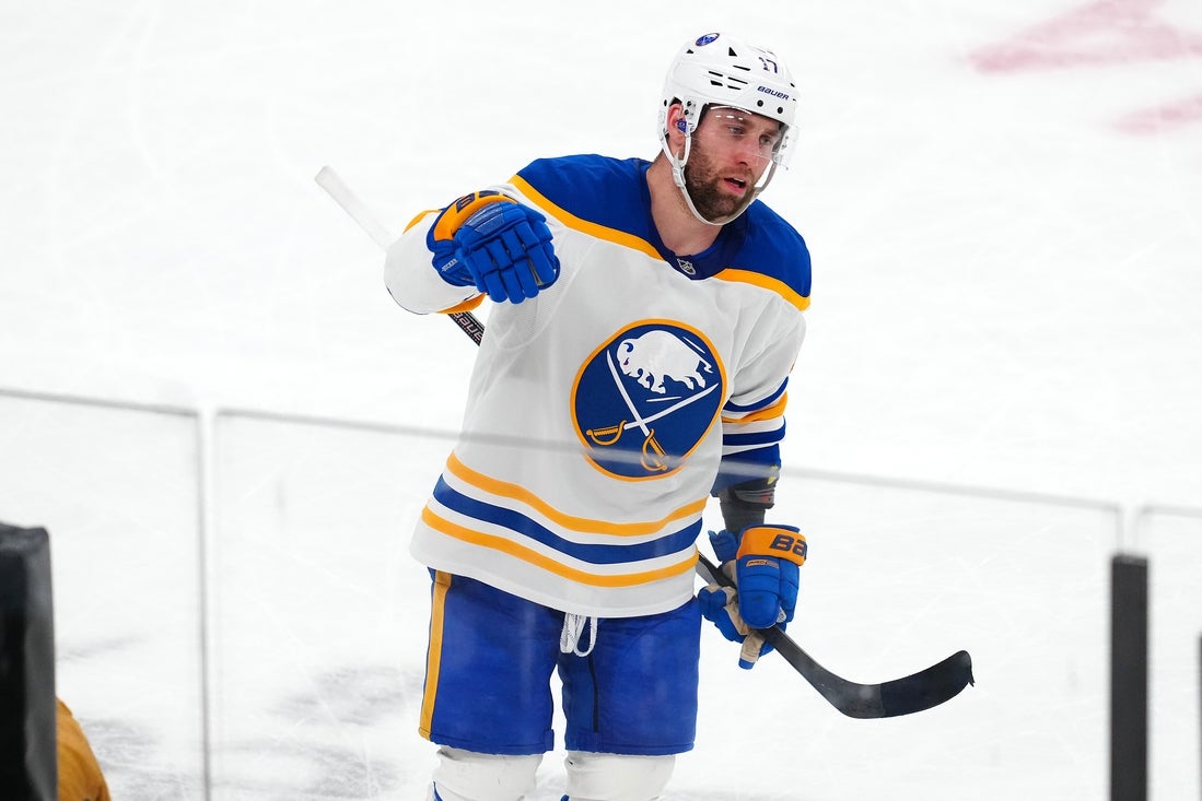 Jan 4, 2025; Las Vegas, Nevada, USA; Buffalo Sabres left wing Jason Zucker (17) celebrates after scoring a goal against the Vegas Golden Knights during the third period at T-Mobile Arena. Mandatory Credit: Stephen R. Sylvanie-Imagn Images