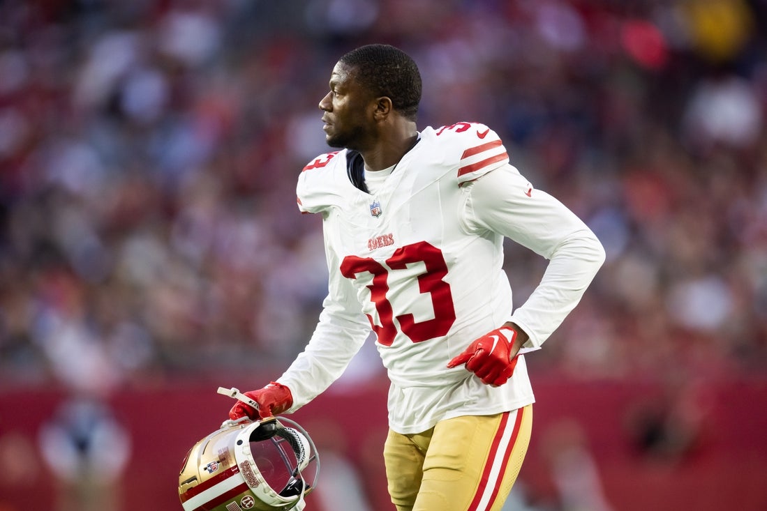 Jan 5, 2025; Glendale, Arizona, USA; San Francisco 49ers cornerback Rock Ya-Sin (33) against the Arizona Cardinals at State Farm Stadium. Mandatory Credit: Mark J. Rebilas-Imagn Images