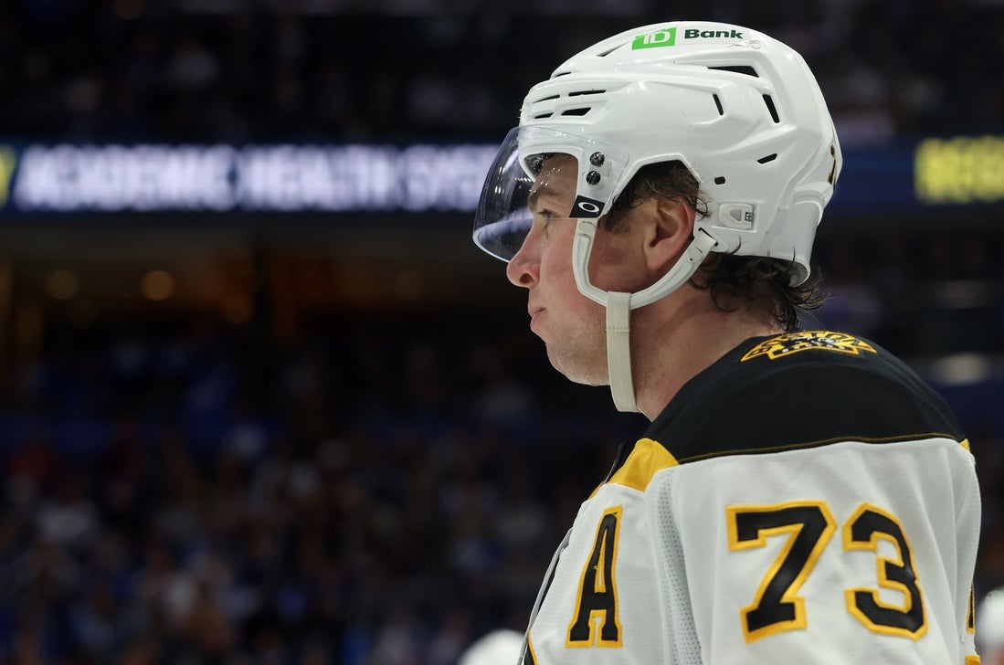 Jan 9, 2025; Tampa, Florida, USA; Boston Bruins defenseman Charlie McAvoy (73) looks on against the Tampa Bay Lightning during the third period at Amalie Arena. Mandatory Credit: Kim Klement Neitzel-Imagn Images