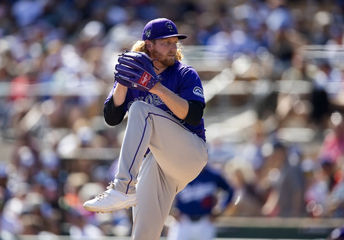 Mar 3, 2024; Phoenix, Arizona, USA; Colorado Rockies pitcher Noah Davis against the Los Angeles Dodgers during a spring training game at Camelback Ranch-Glendale. Mandatory Credit: Mark J. Rebilas-USA TODAY Sports