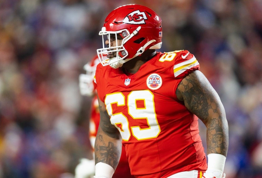 Jan 26, 2025; Kansas City, MO, USA; Kansas City Chiefs defensive tackle Mike Pennel Jr. (69) against the Buffalo Bills in the AFC Championship game at GEHA Field at Arrowhead Stadium. Mandatory Credit: Mark J. Rebilas-Imagn Images