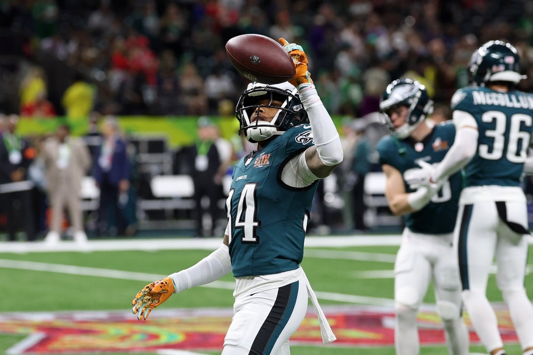 Feb 9, 2025; New Orleans, LA, USA; Philadelphia Eagles cornerback Isaiah Rodgers (34) before Super Bowl LIX between the Philadelphia Eagles and the Kansas City Chiefs at Caesars Superdome. Mandatory Credit: Geoff Burke-Imagn Images