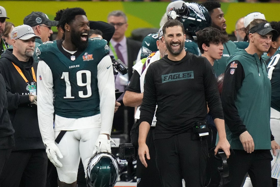 Feb 9, 2025; New Orleans, LA, USA; Philadelphia Eagles head coach Nick Sirianni reacts with linebacker Josh Sweat (19) during the fourth quarter against the Kansas City Chiefs in Super Bowl LIX at Caesars Superdome. Mandatory Credit: Kirby Lee-Imagn Images