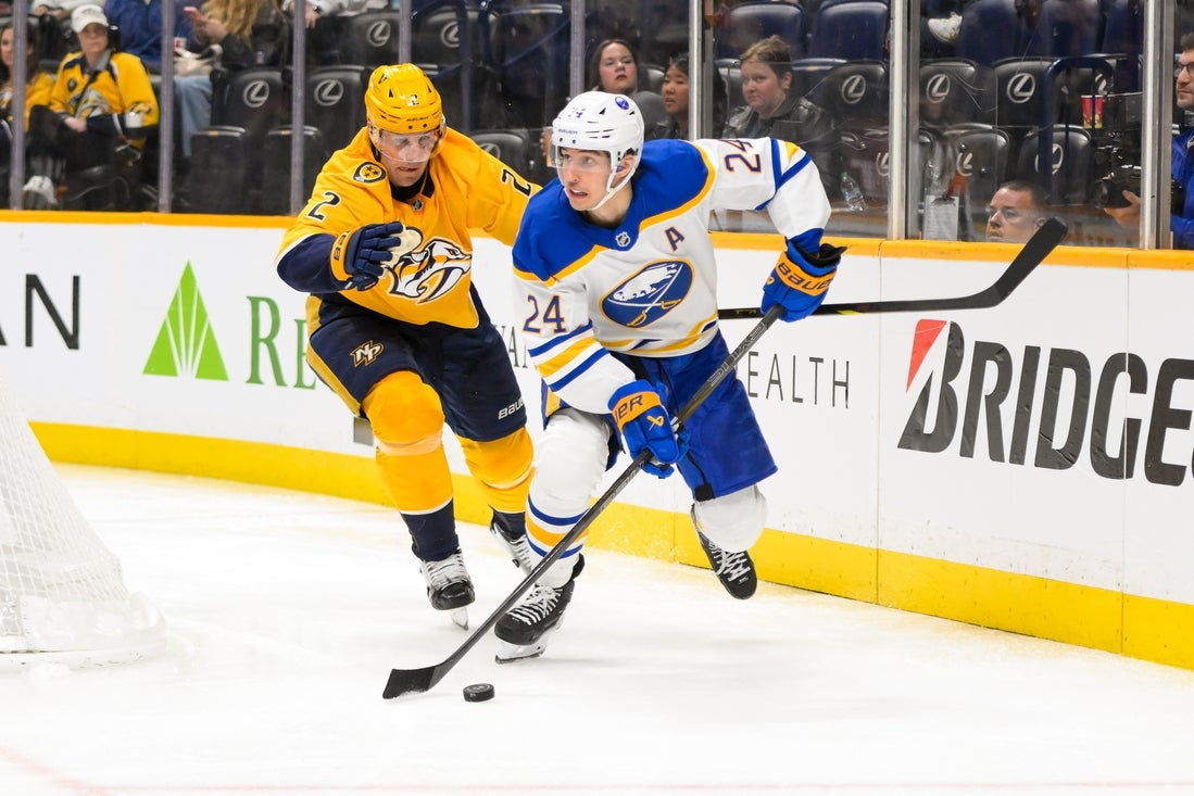 Feb 8, 2025; Nashville, Tennessee, USA; Buffalo Sabres center Dylan Cozens (24) skates behind the net against the Nashville Predators during the second period at Bridgestone Arena. Mandatory Credit: Steve Roberts-Imagn Images