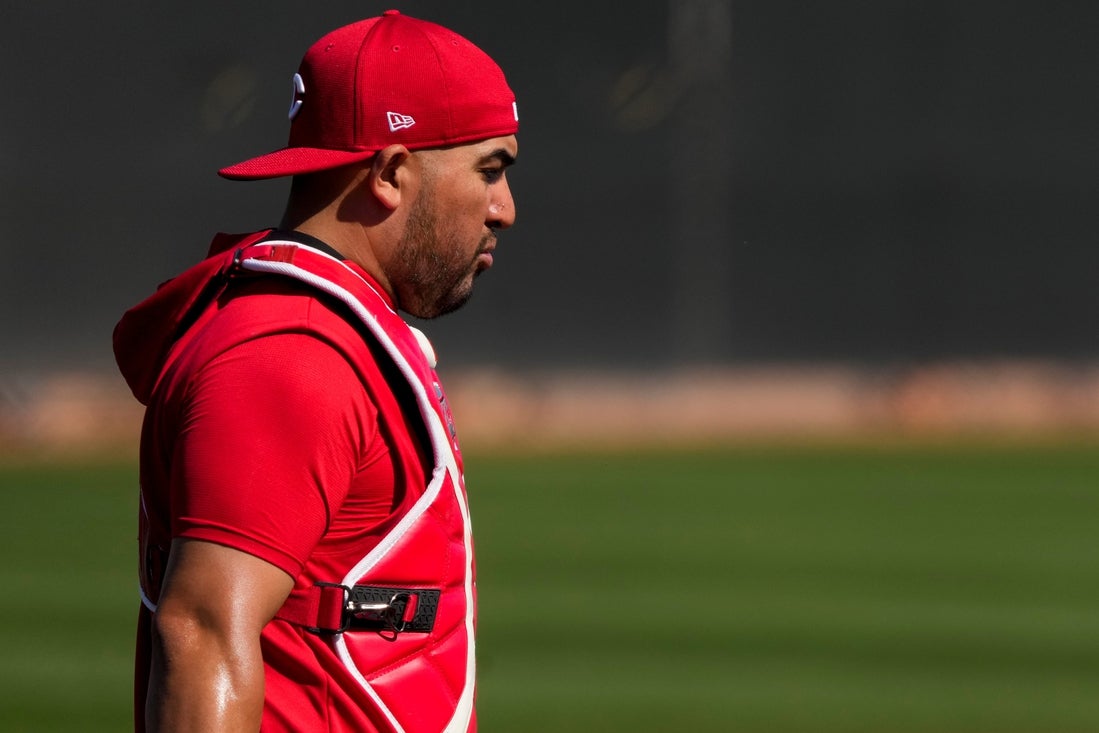 Cincinnati Reds catcher Jose Trevino (35) wraps up a session at the Cincinnati Reds Player Development Complex in Goodyear, Ariz., on Saturday, Feb. 15, 2025.
