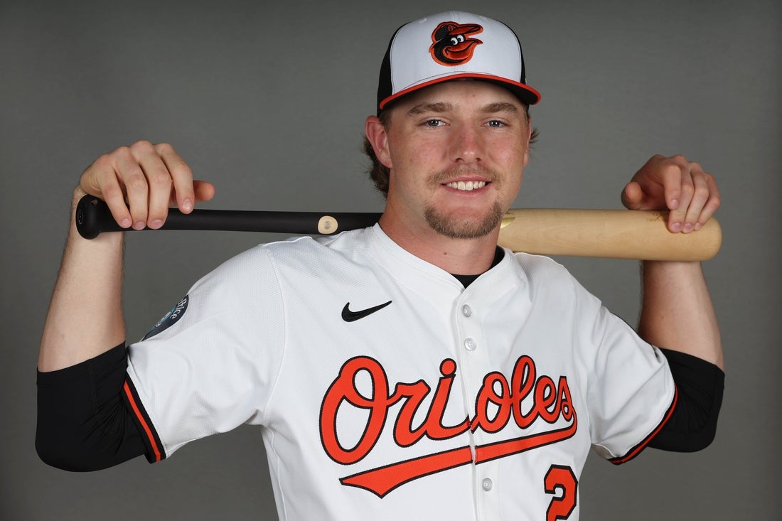 Feb 19, 2025; Sarasota, FL, USA; Baltimore Orioles shortstop Gunnar Henderson (2) poses for photo during media day at Ed Smith Stadium. Mandatory Credit: Kim Klement Neitzel-Imagn Images