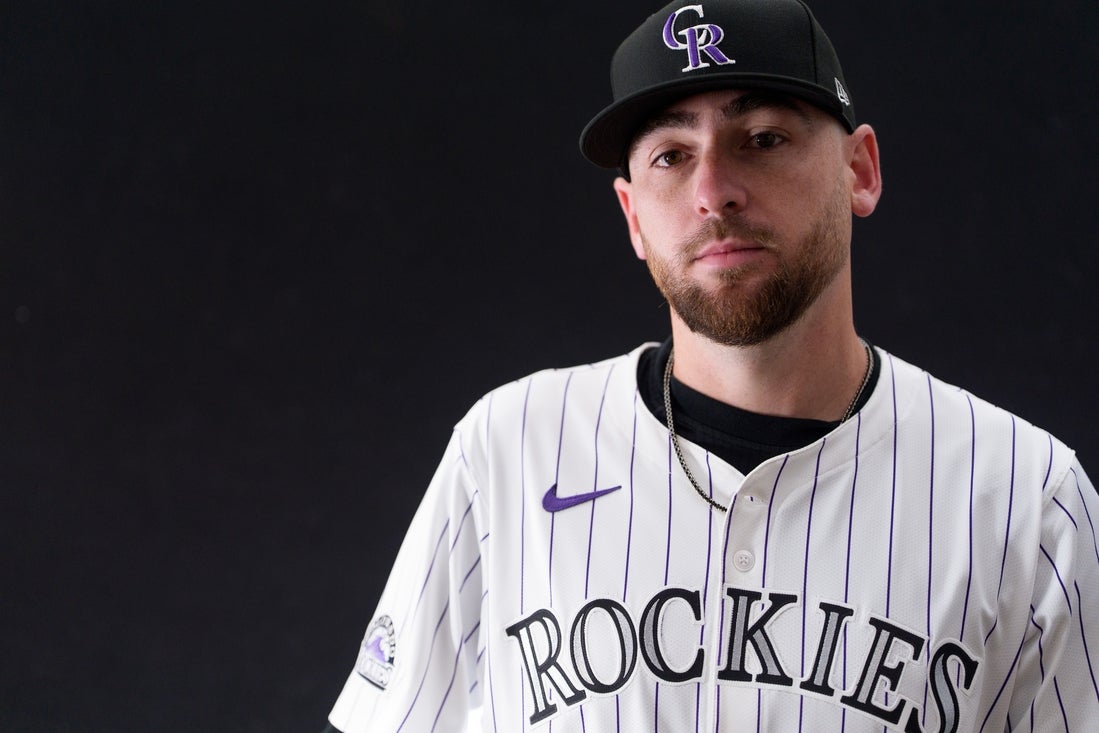 Feb 20, 2025; Scottsdale, AZ, USA; Colorado Rockies pitcher Austin Gomber (26) as shot during MLB Media Day at Salt River Fields. Mandatory Credit: Allan Henry-Imagn Images
