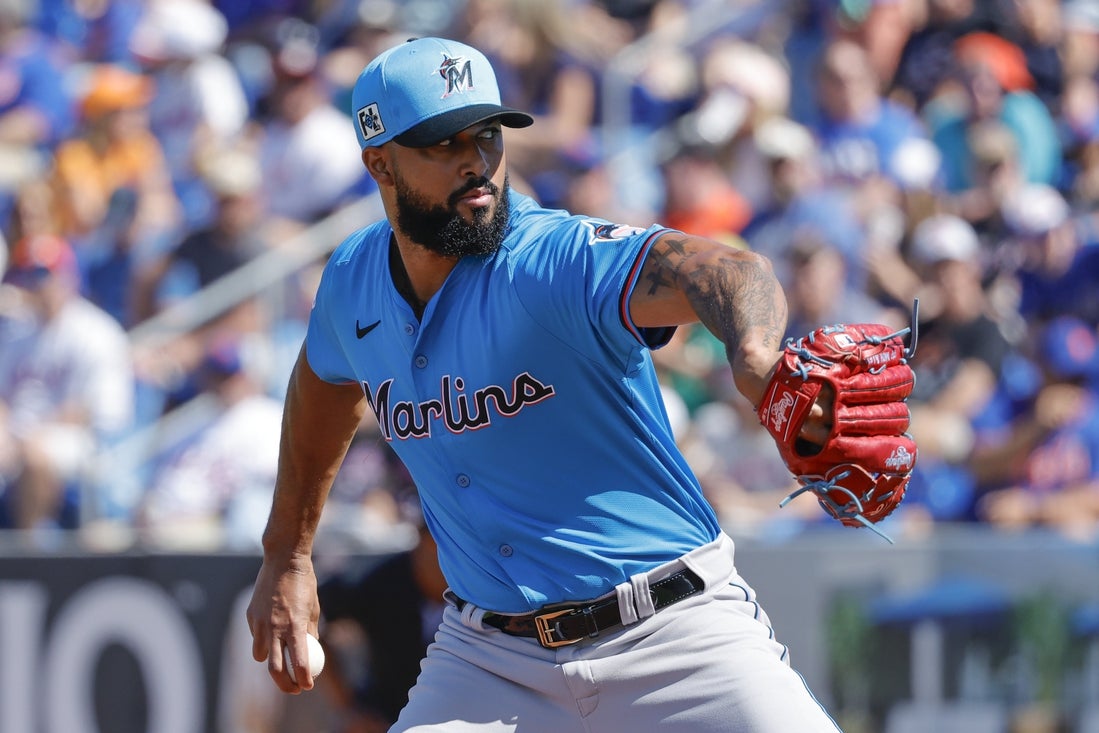 Feb 23, 2025; Port St. Lucie, Florida, USA; Miami Marlins pitcher Sandy Alcantara (22) throws during the first inning against the New York Mets at Clover Park. Mandatory Credit: Reinhold Matay-Imagn Images