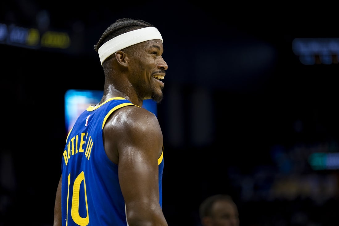 Feb 23, 2025; San Francisco, California, USA; Golden State Warriors forward Jimmy Butler III (10) reacts during the fourth quarter of the game against the Dallas Mavericks at Chase Center. Mandatory Credit: John Hefti-Imagn Images
