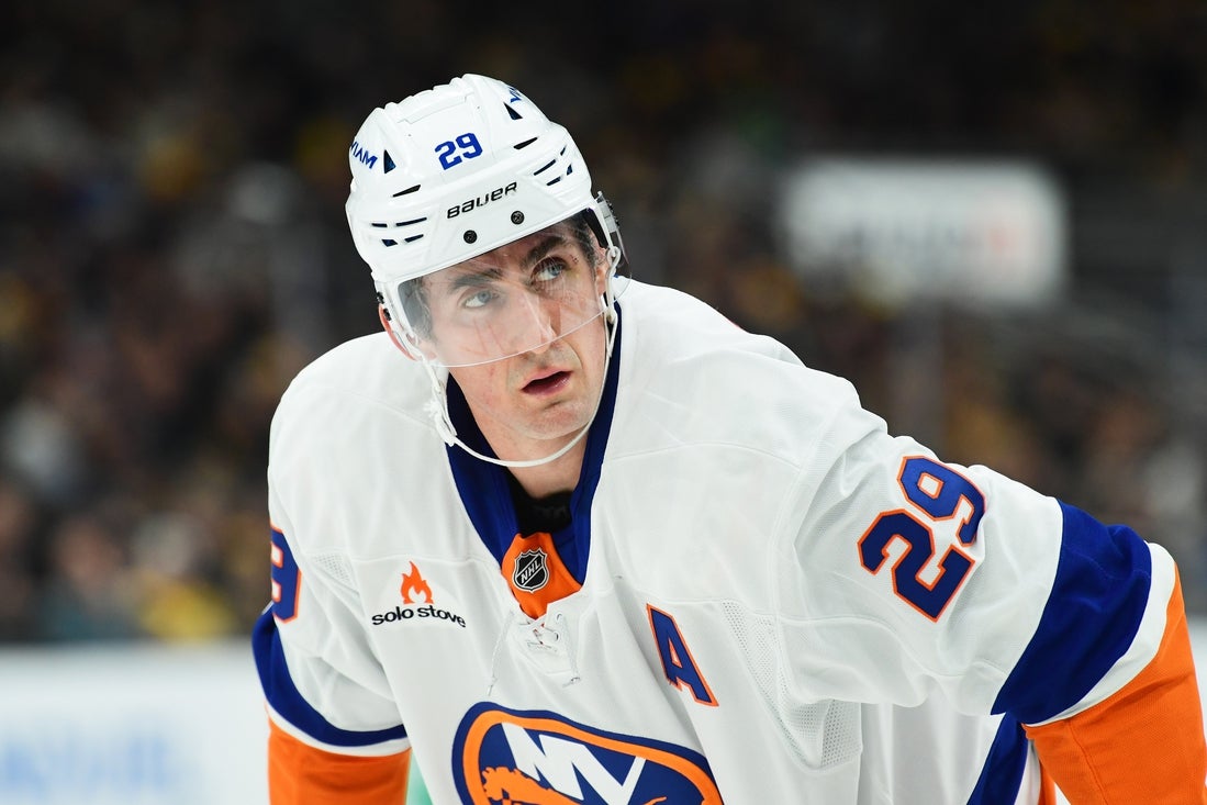 Feb 27, 2025; Boston, Massachusetts, USA;New York Islanders center Brock Nelson (29) gets set for a face-off during the second period against the Boston Bruins at TD Garden. Mandatory Credit: Bob DeChiara-Imagn Images