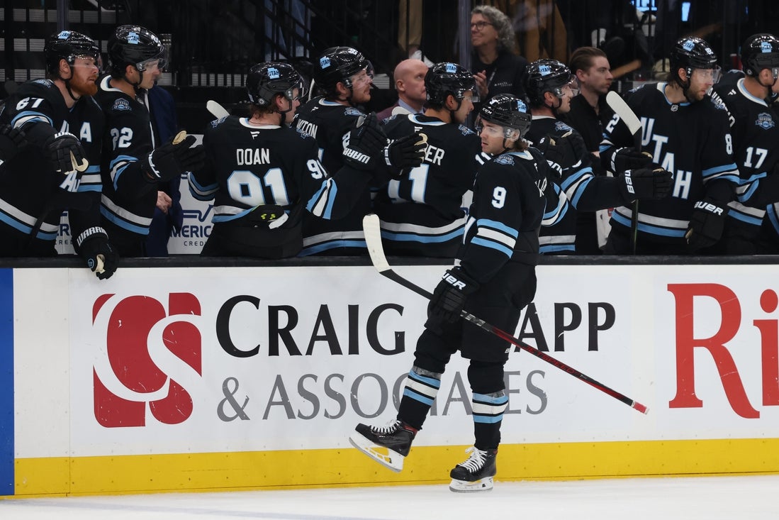 Feb 27, 2025; Salt Lake City, Utah, USA; Utah Hockey Club center Clayton Keller (9) reacts to a goal against the Minnesota Wild during the third period at Delta Center. Mandatory Credit: Rob Gray-Imagn Images