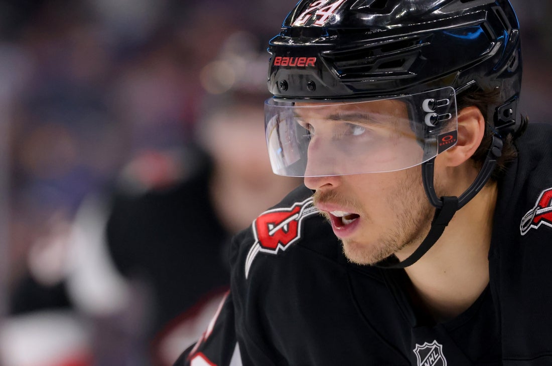Mar 1, 2025; Buffalo, New York, USA; Buffalo Sabres center Dylan Cozens (24) during a stoppage in play against the Montreal Canadiens at KeyBank Center. Mandatory Credit: Timothy T. Ludwig-Imagn Images