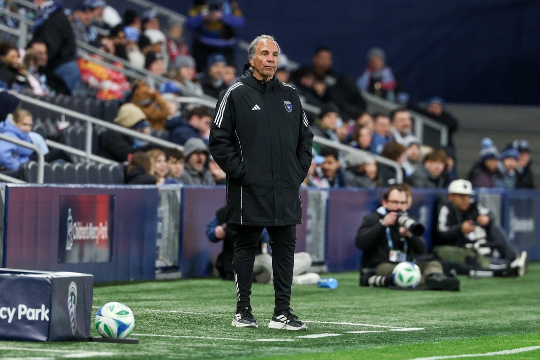 Mar 1, 2025; Kansas City, Kansas, USA; San Jose Earthquakes head coach Bruce Arena looks on during the second half against Sporting Kansas City at Children's Mercy Park. Mandatory Credit: Ivan David Smith-Imagn Images