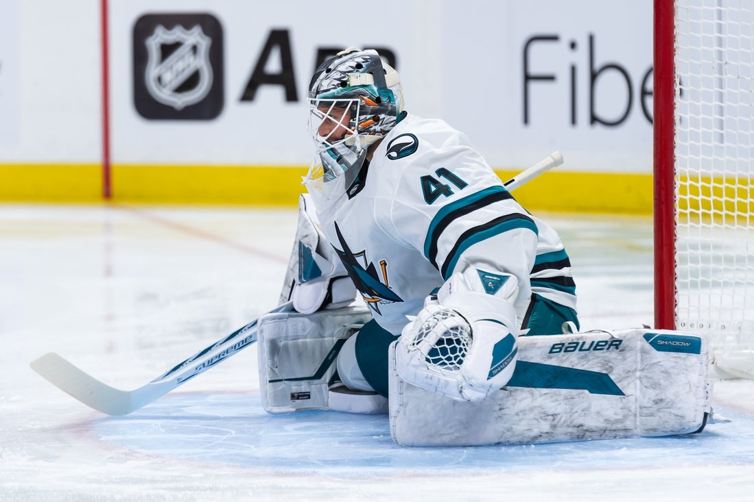 Mar 1, 2025; Ottawa, Ontario, CAN; San Jose Sharks goalie Vitek Vanecek (41) stretches prior to the start of game against the Ottawa Senators at the Canadian Tire Centre. Mandatory Credit: Marc DesRosiers-Imagn Images