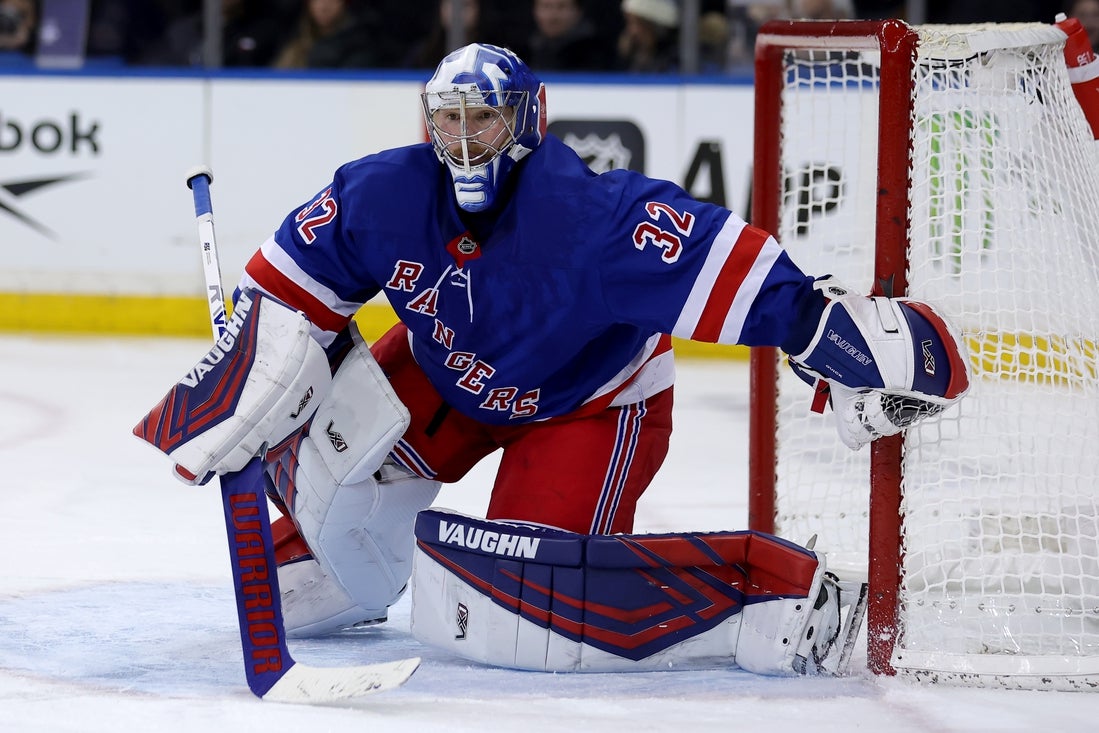 Mar 2, 2025; New York, New York, USA; New York Rangers goaltender Jonathan Quick (32) tends net against the Nashville Predators during the third period at Madison Square Garden. Mandatory Credit: Brad Penner-Imagn Images